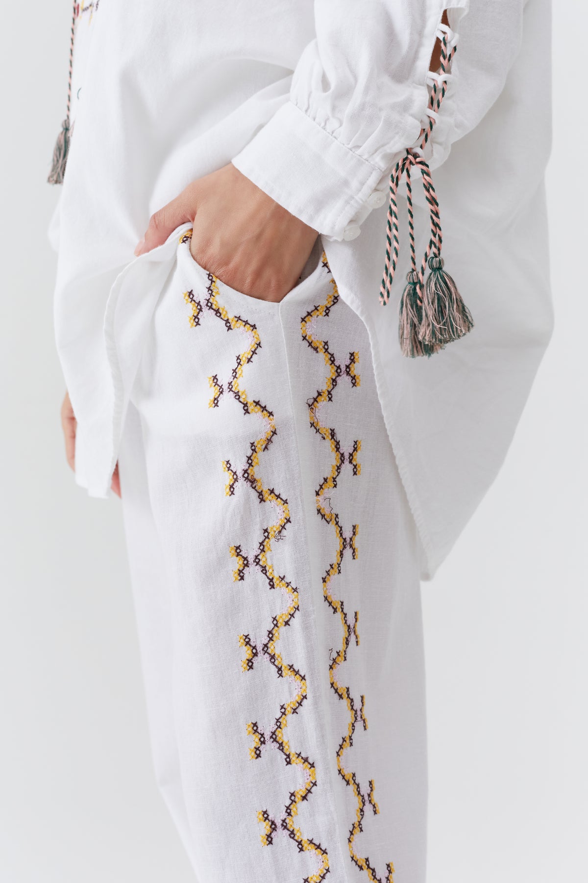 Pantalon Elvie à broderie - White Yellow