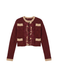 Cardigan en tweed - Bordeaux & Avorio