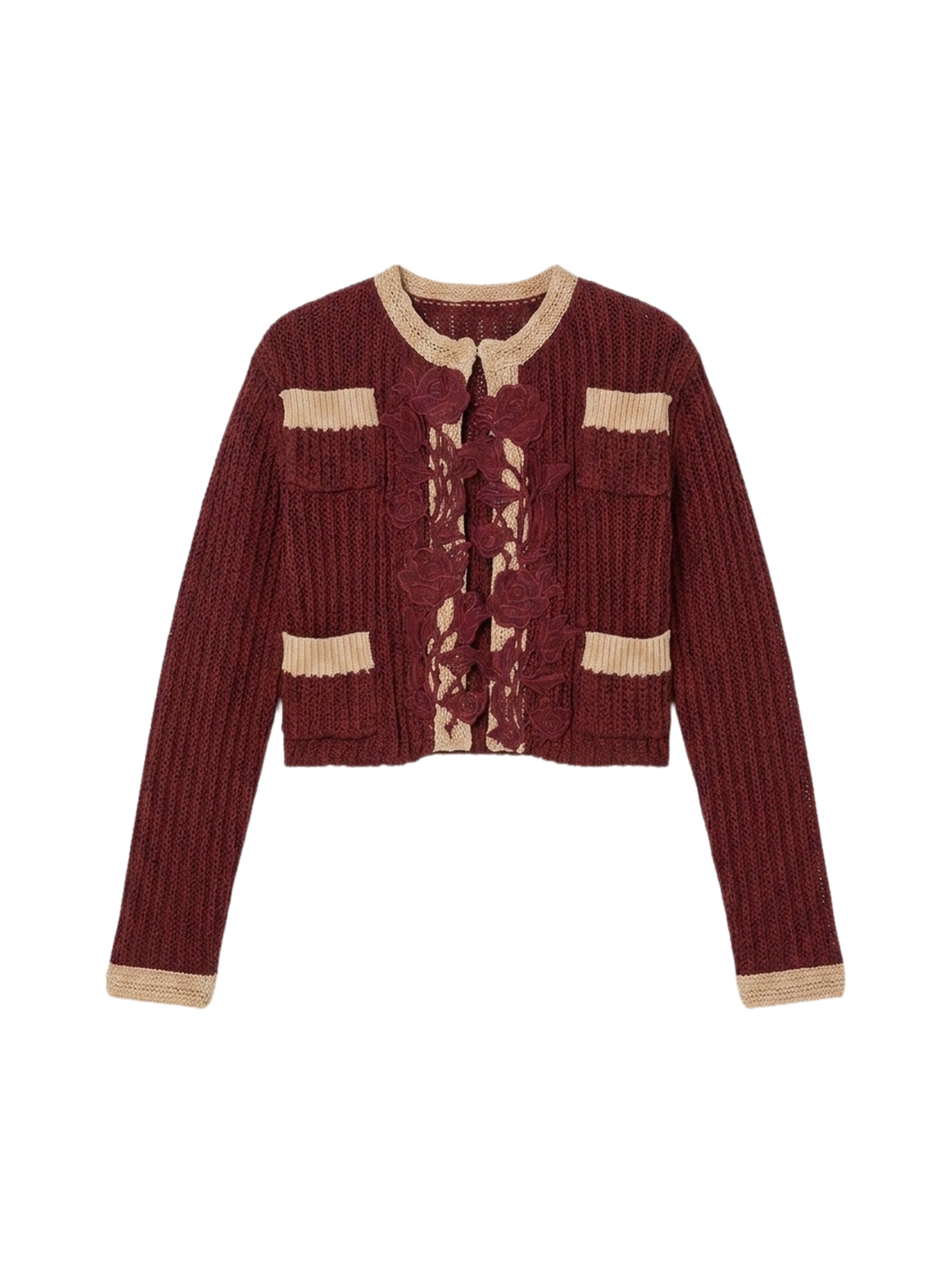 Cardigan en tweed - Bordeaux & Avorio