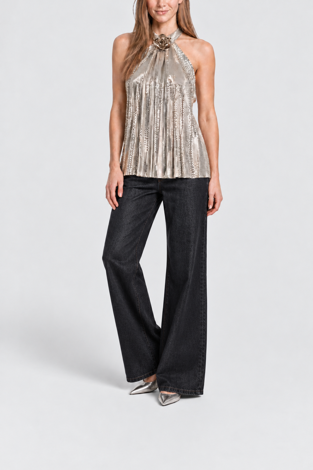 Blouse drapée à fleur en mesh - Silver