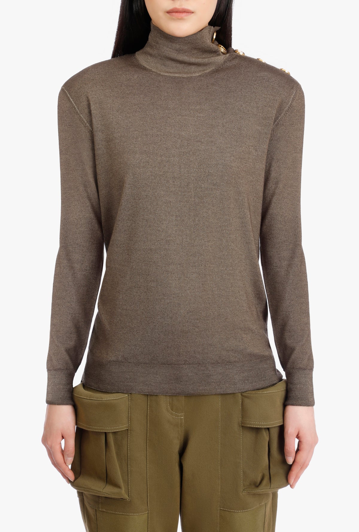 Pull 5 boutons col montant - Kaki