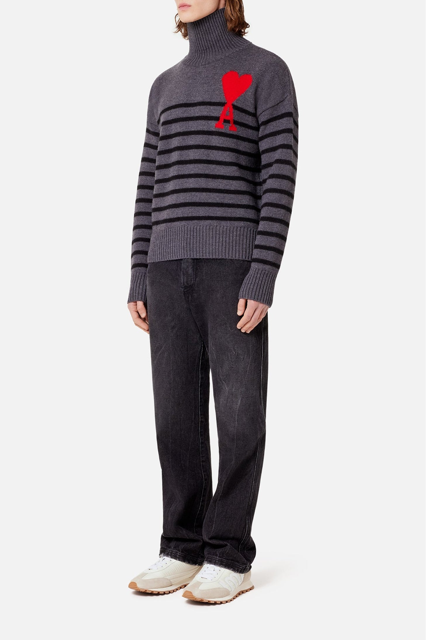 Ami de Cœur wool sailor funnel neck jumper - Grey & Black & Red