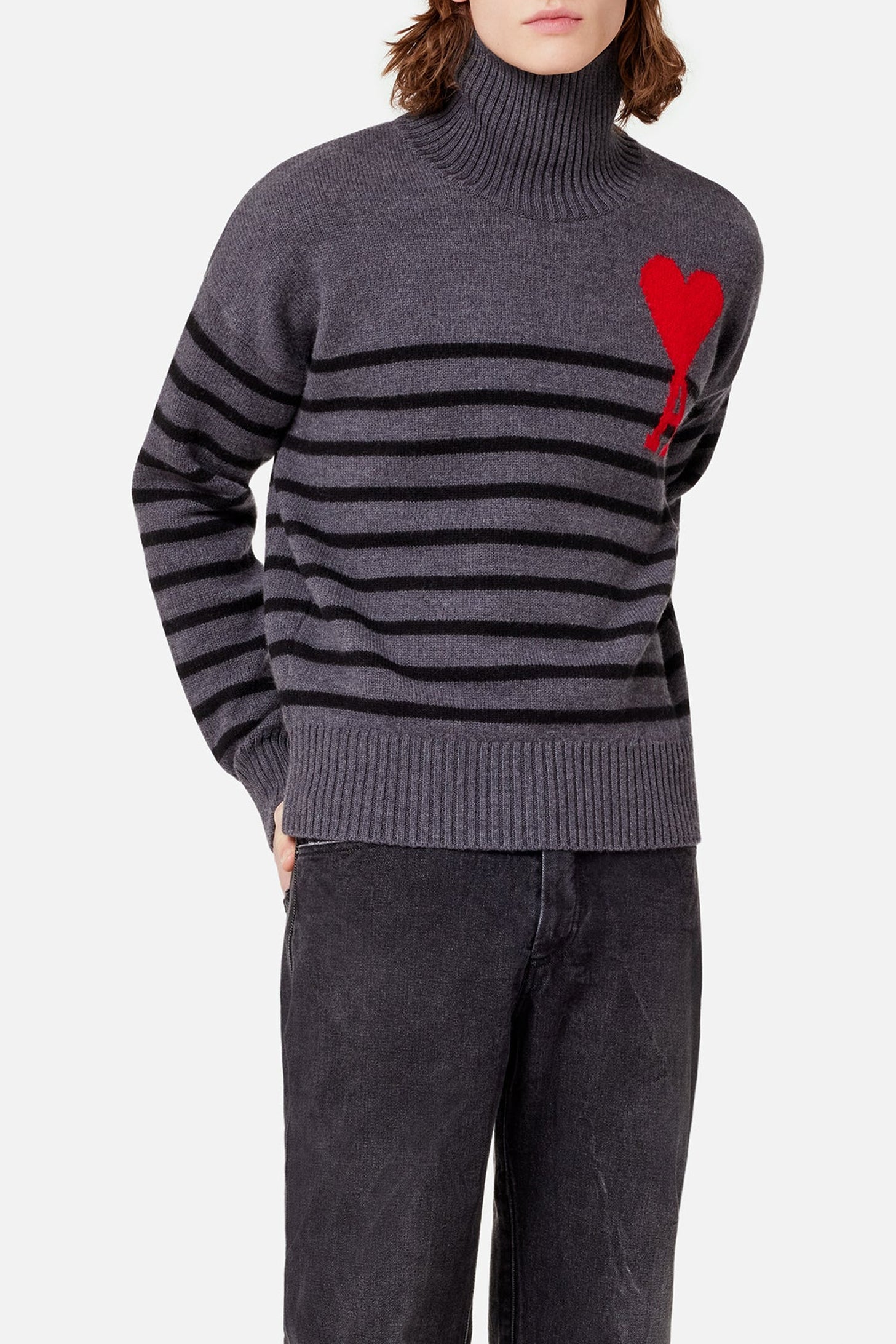 Ami de Cœur wool sailor funnel neck jumper - Grey & Black & Red