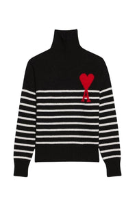 Pull col cheminée marinière Ami de Cœur en laine - Black & White & Red