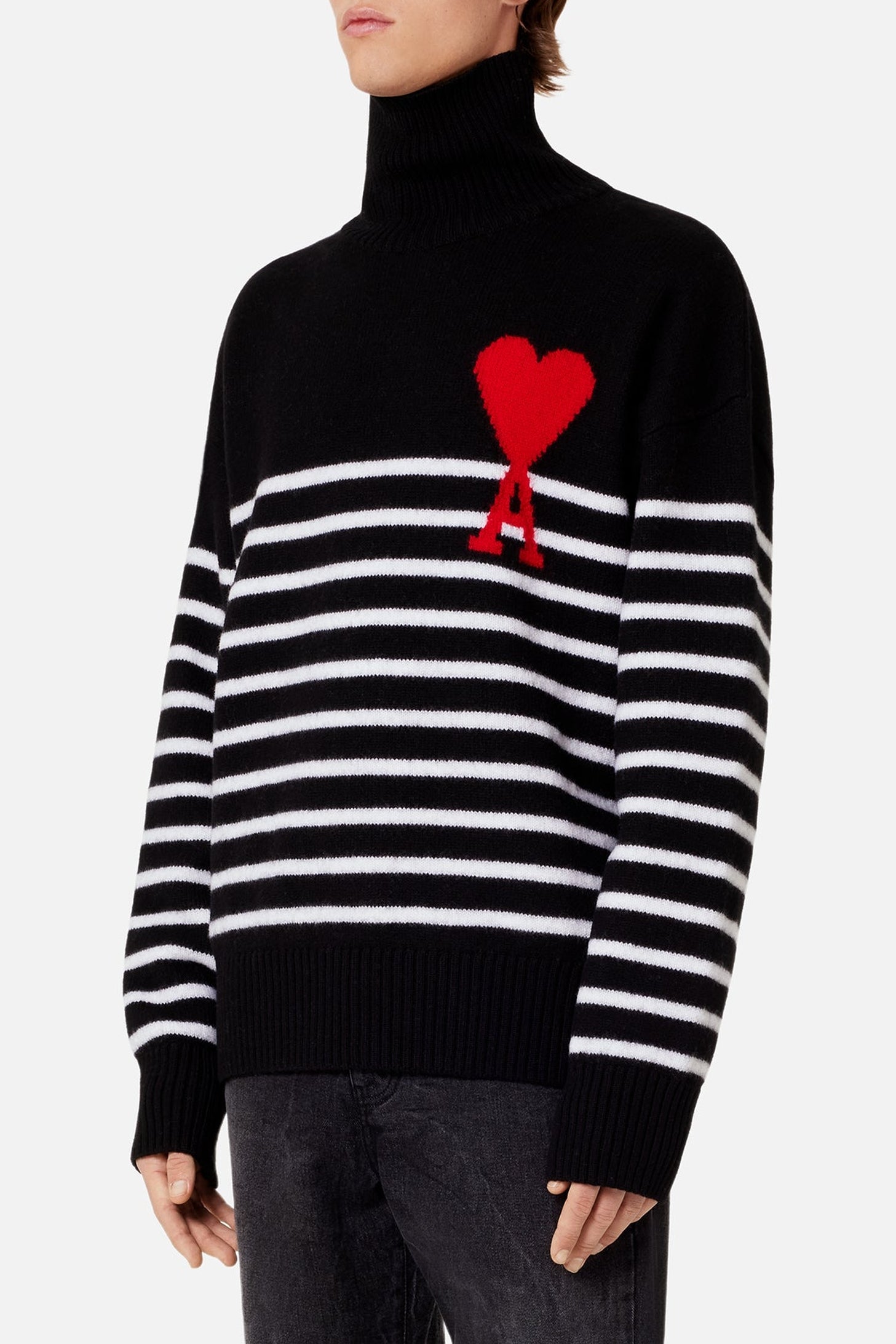 Pull col cheminée marinière Ami de Cœur en laine - Black & White & Red