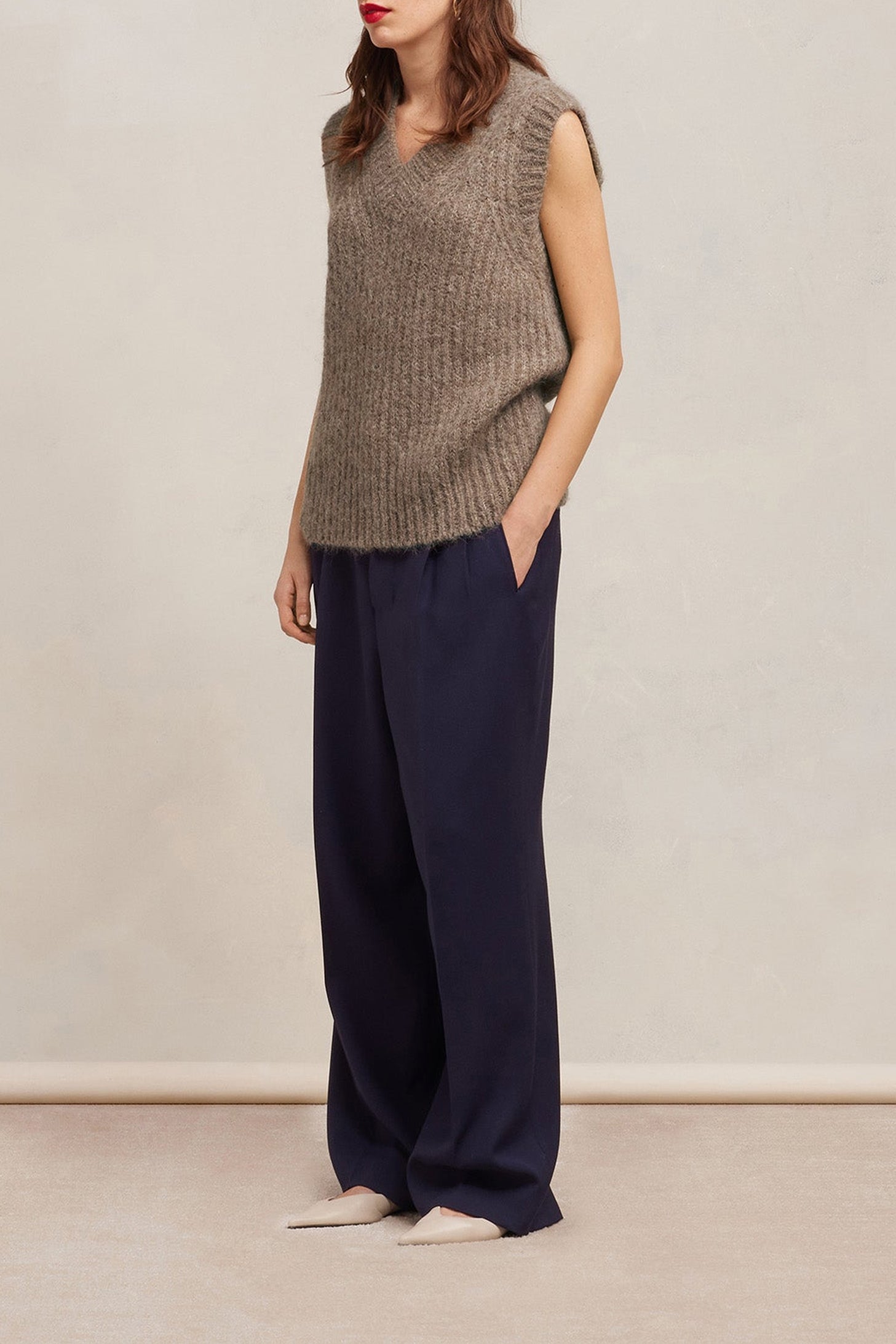 Pull à côtes texturé en laine - Taupe