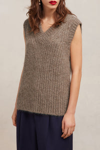 Pull à côtes texturé en laine - Taupe