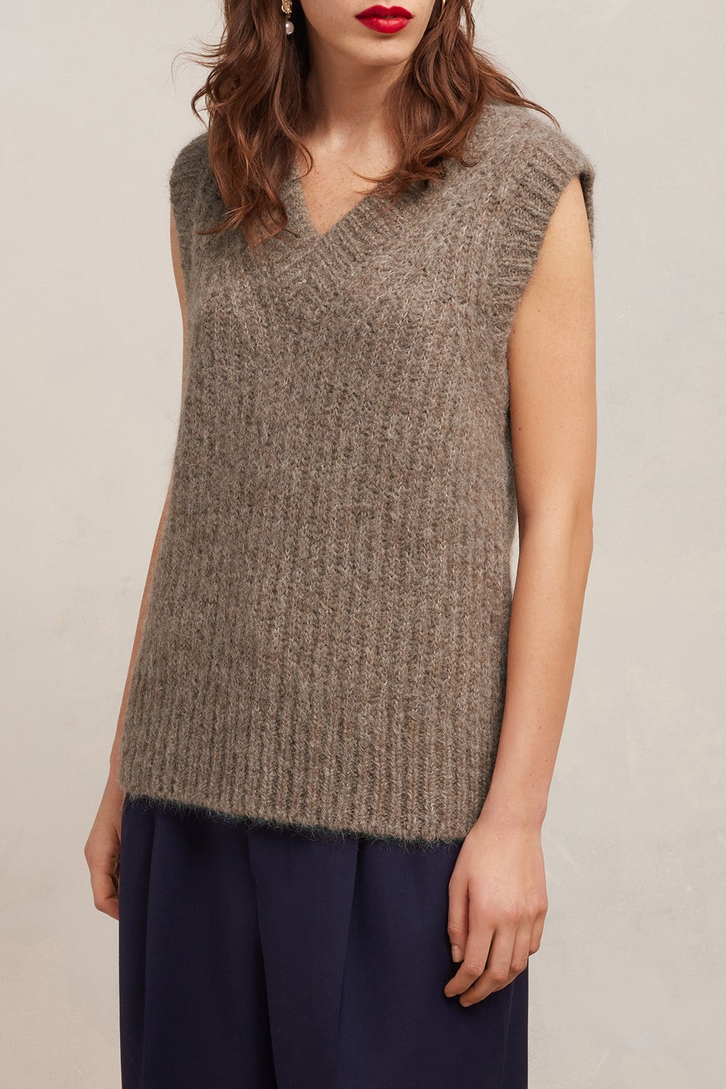 Pull à côtes texturé en laine - Taupe