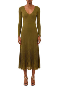 Robe midi Zeda à manches longues et col V - Olive
