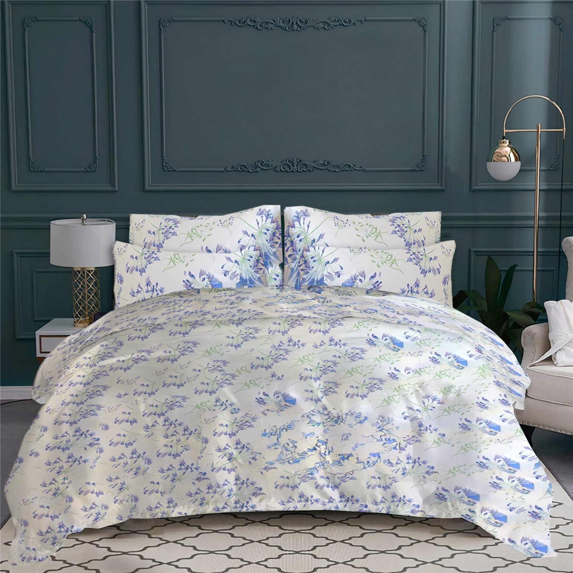 Housse de couette Fleurs d'amour en percale de coton - Bleu & Violet & Vert