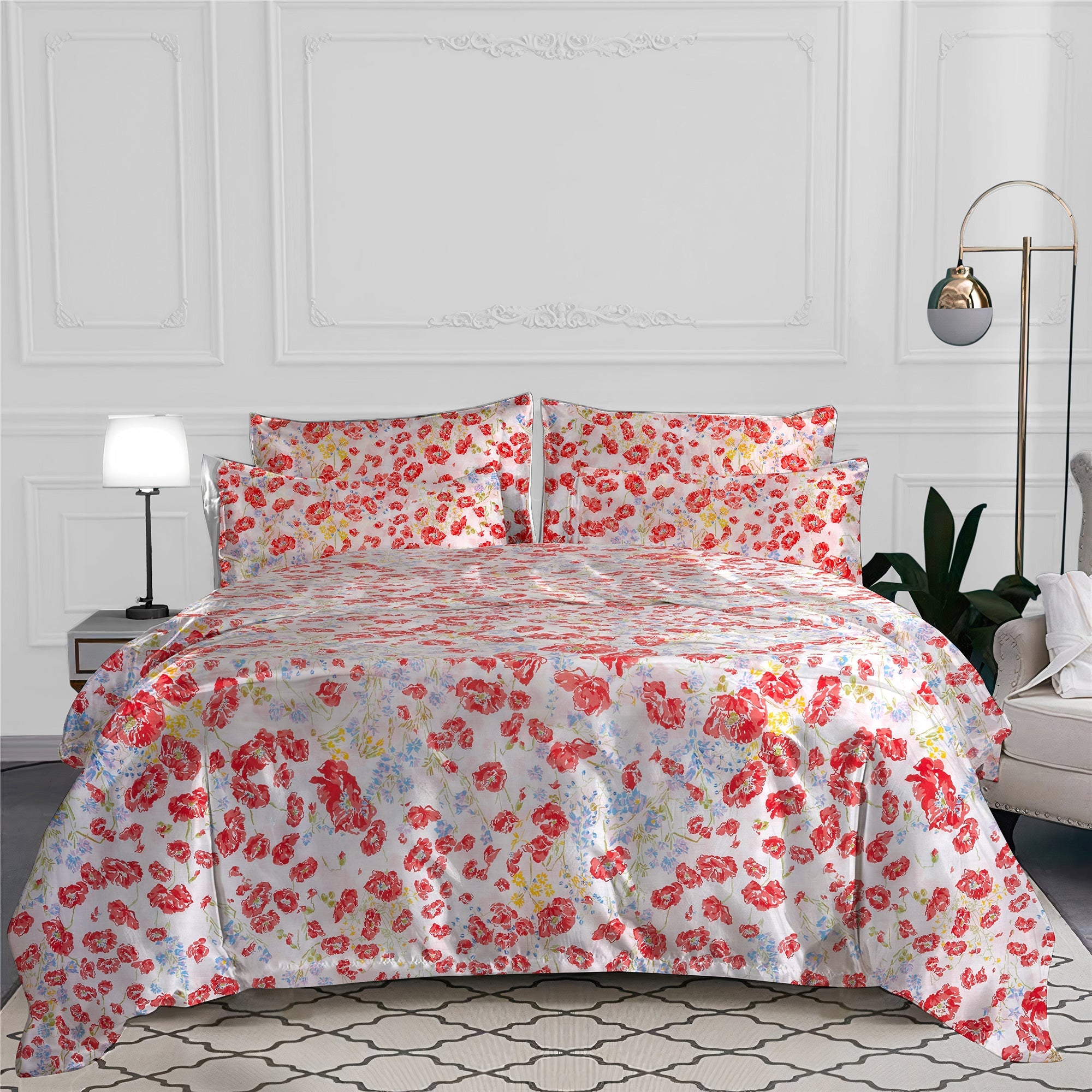 Housse de couette Coquelicots en percale de coton - Rouge & Bleu & Mauve