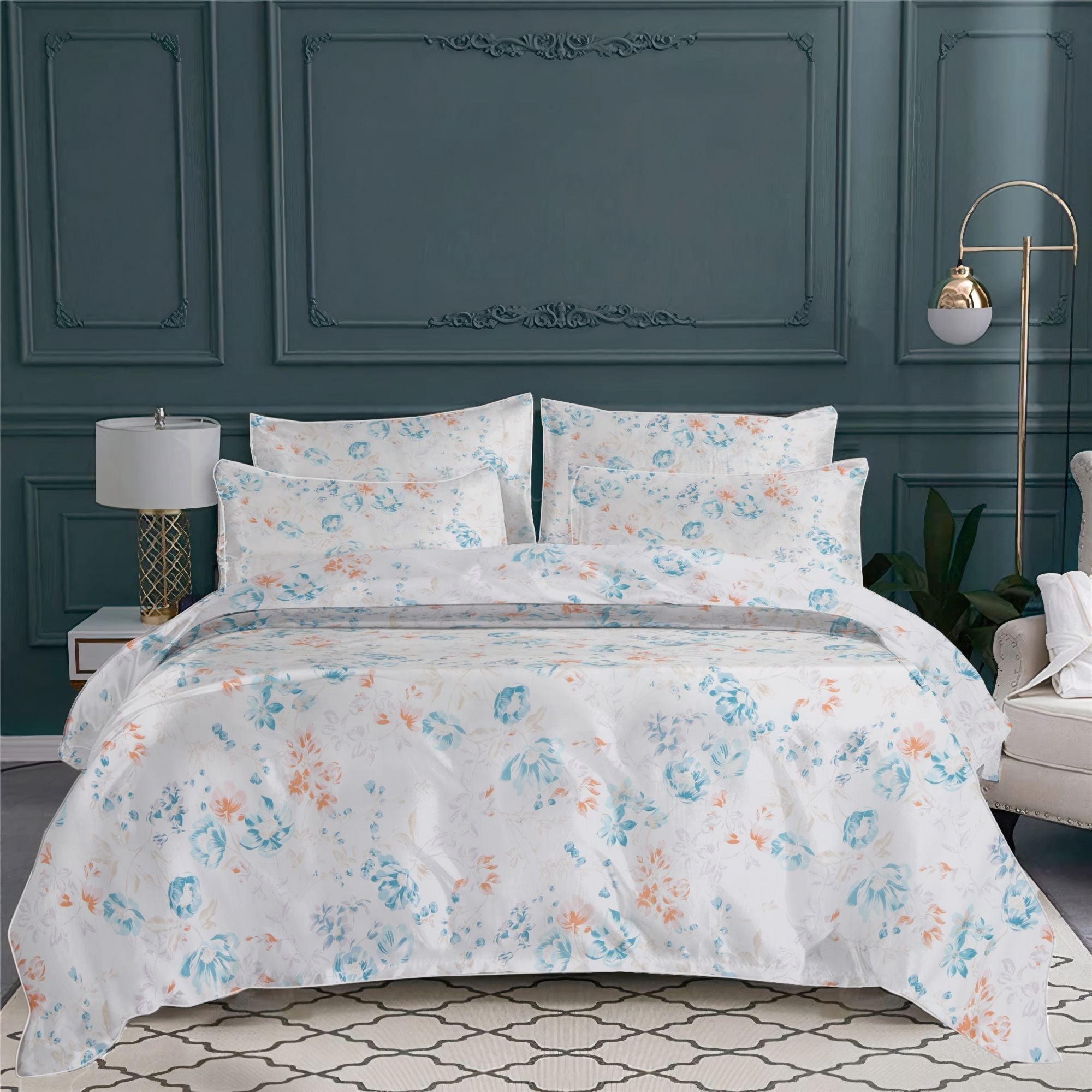 Taie d'oreiller Louise en satin de coton - Turquoise & Orange