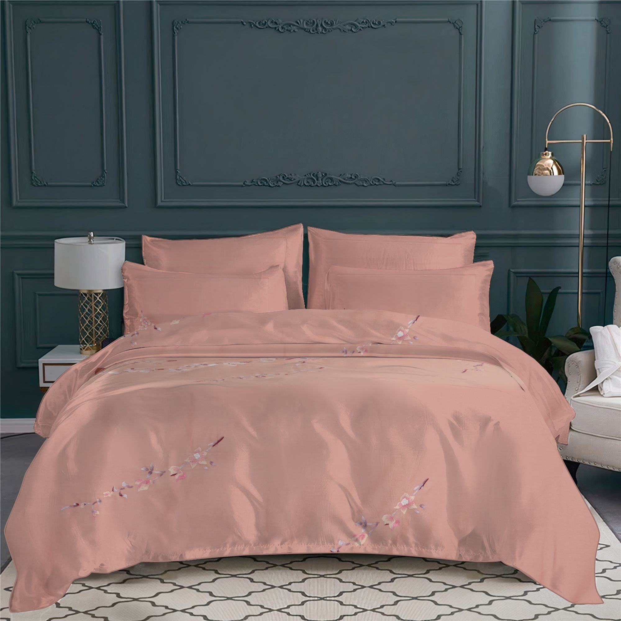 Taie d'oreiller Brindilles en satin de coton - Pêche & Rose