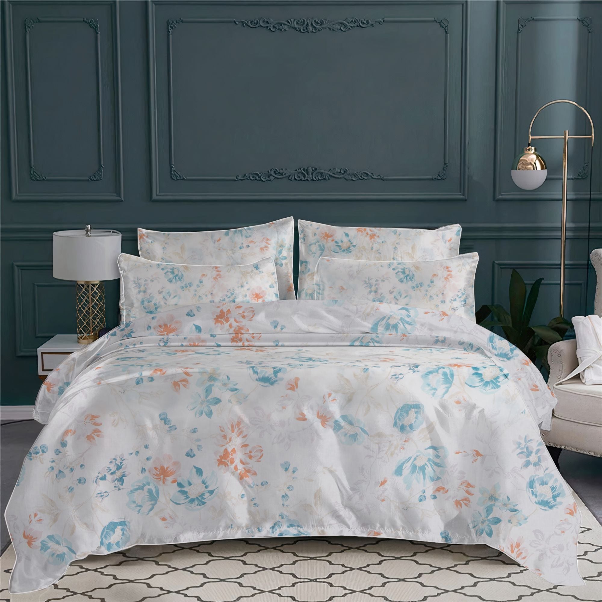 Taie d'oreiller Louise en voile de coton - Turquoise, Orange & Beige