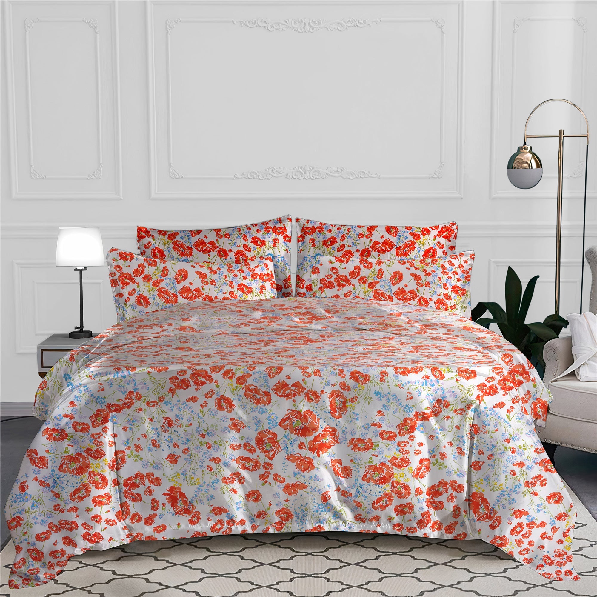 Parure de lit Coquelicots en percale de coton - Orange & Bleu & Vert