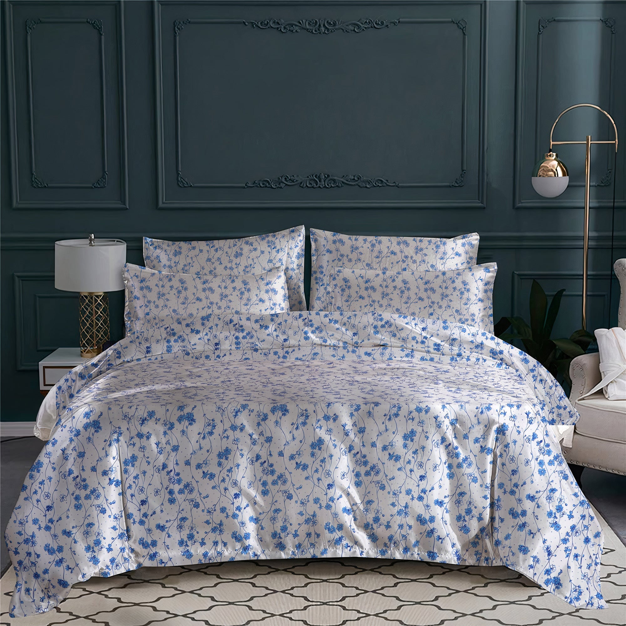Housse de couette Fleurettes en percale de coton - Bleu