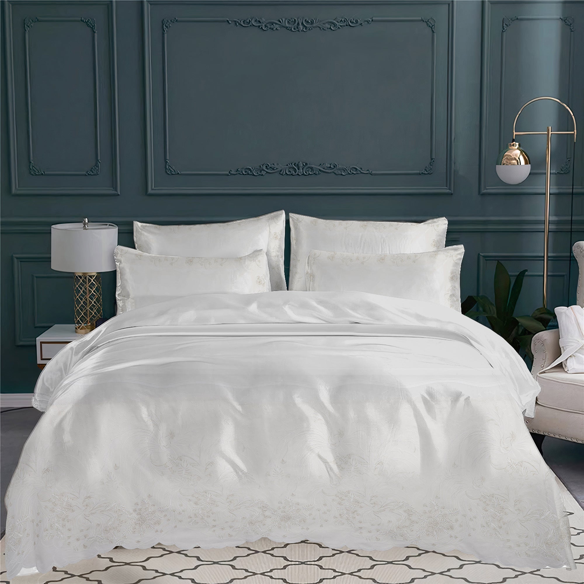 Housse de couette Oiseaux de Paradis en voile de coton - Blanc & Argent
