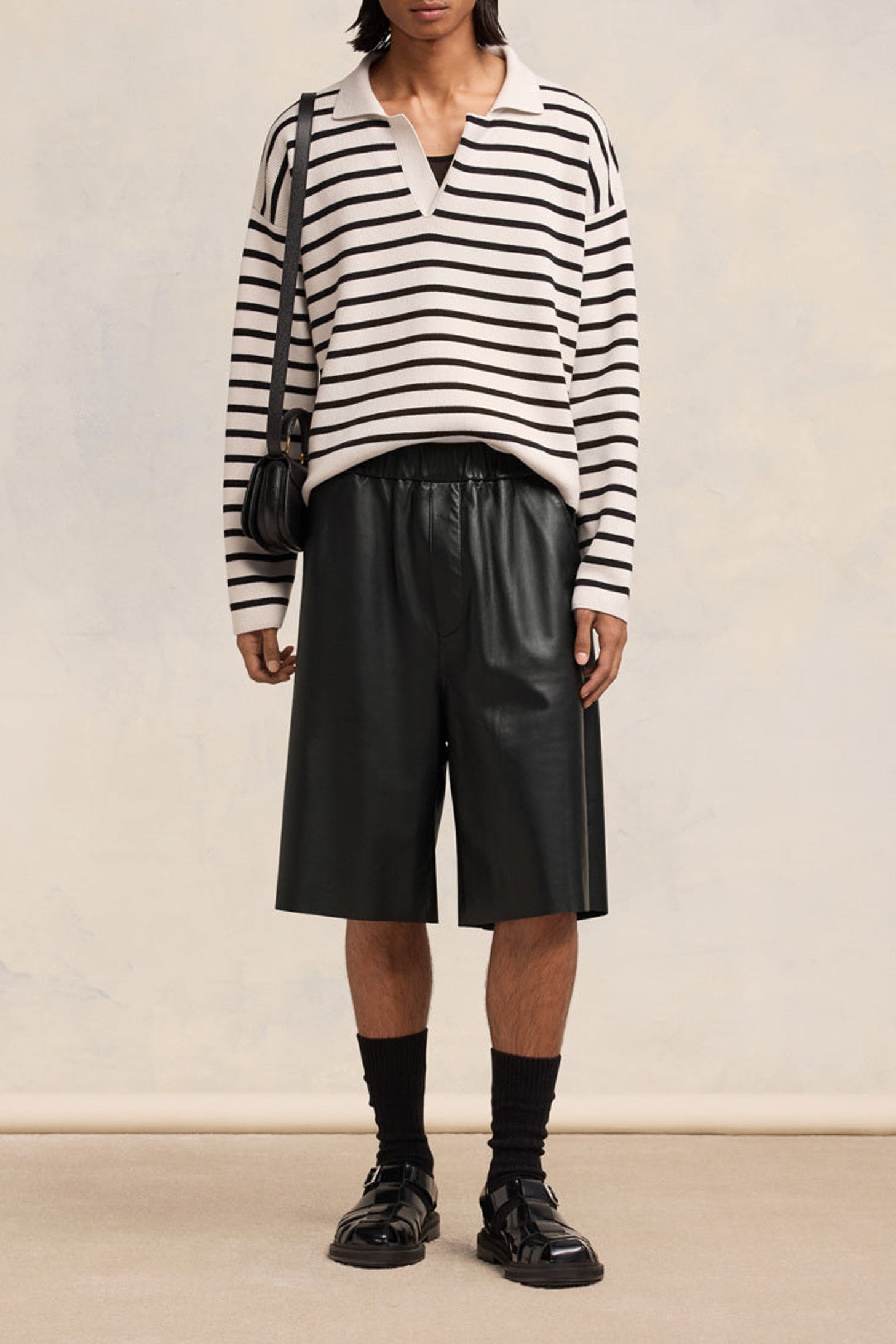 Bermuda taille élastiquée en cuir - Black