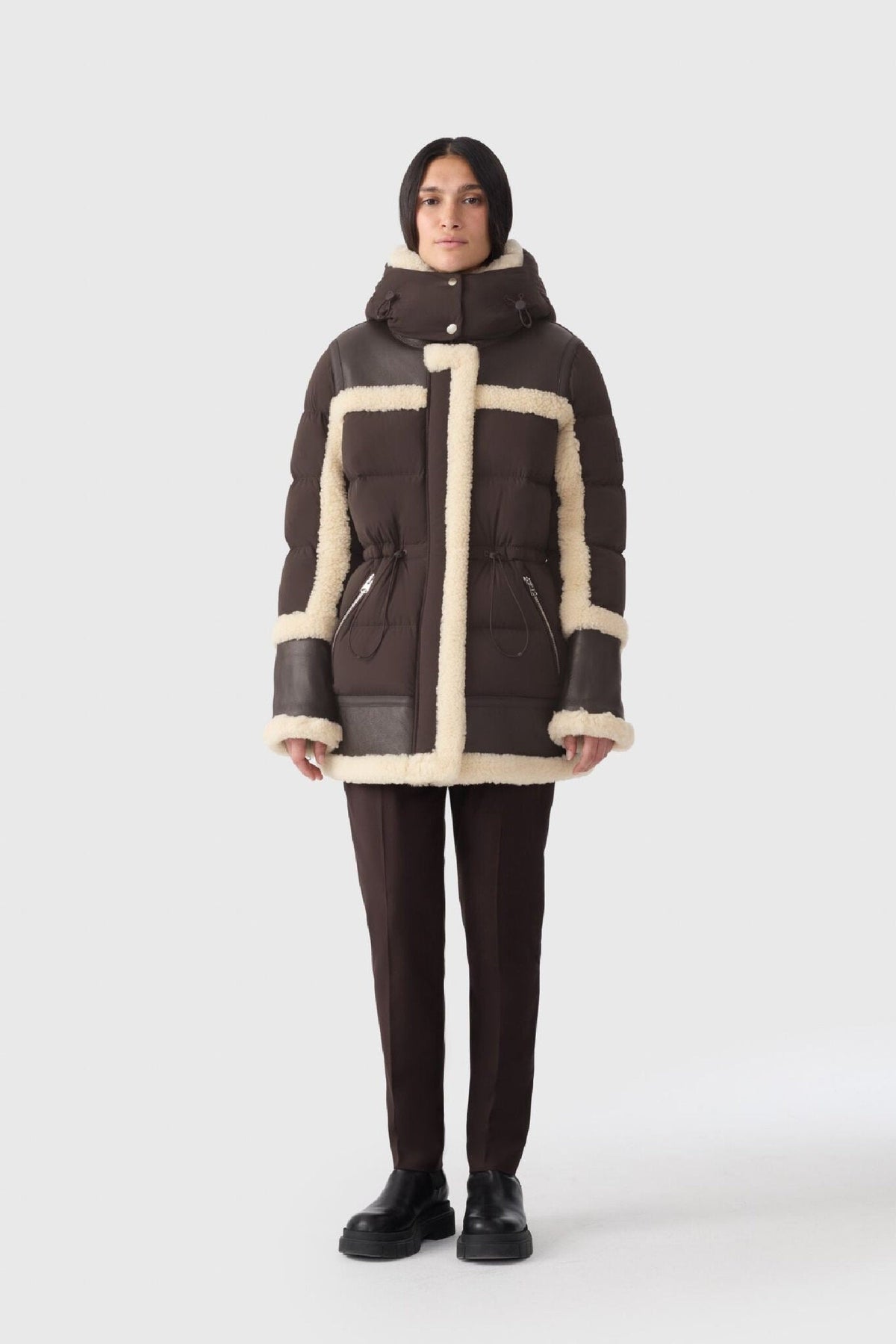 Coffee-Natural Ladies Hooded MIxed Media Jacket
