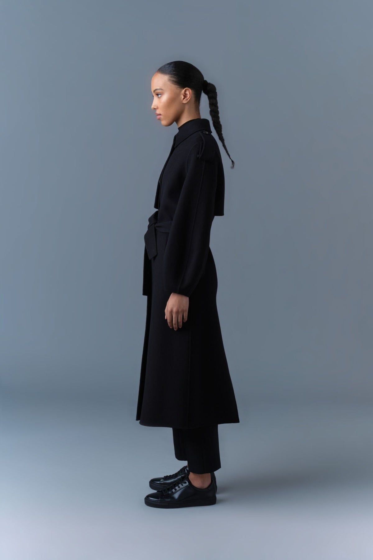 Black Ladies Belted Light Wool Coat