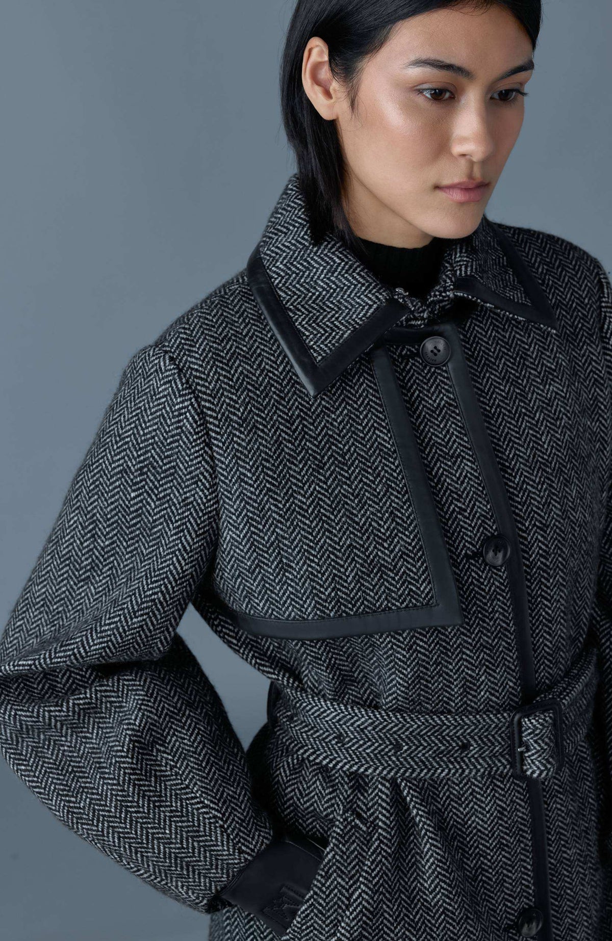 Black-White Ladies Belted  Wool Coat