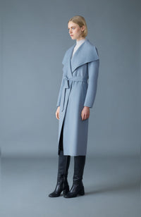 Fog Blue Ladies Belted Light Wool Coat