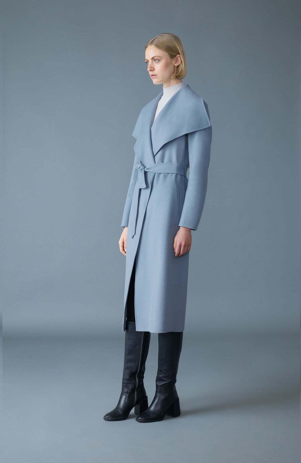 Fog Blue Ladies Belted Light Wool Coat