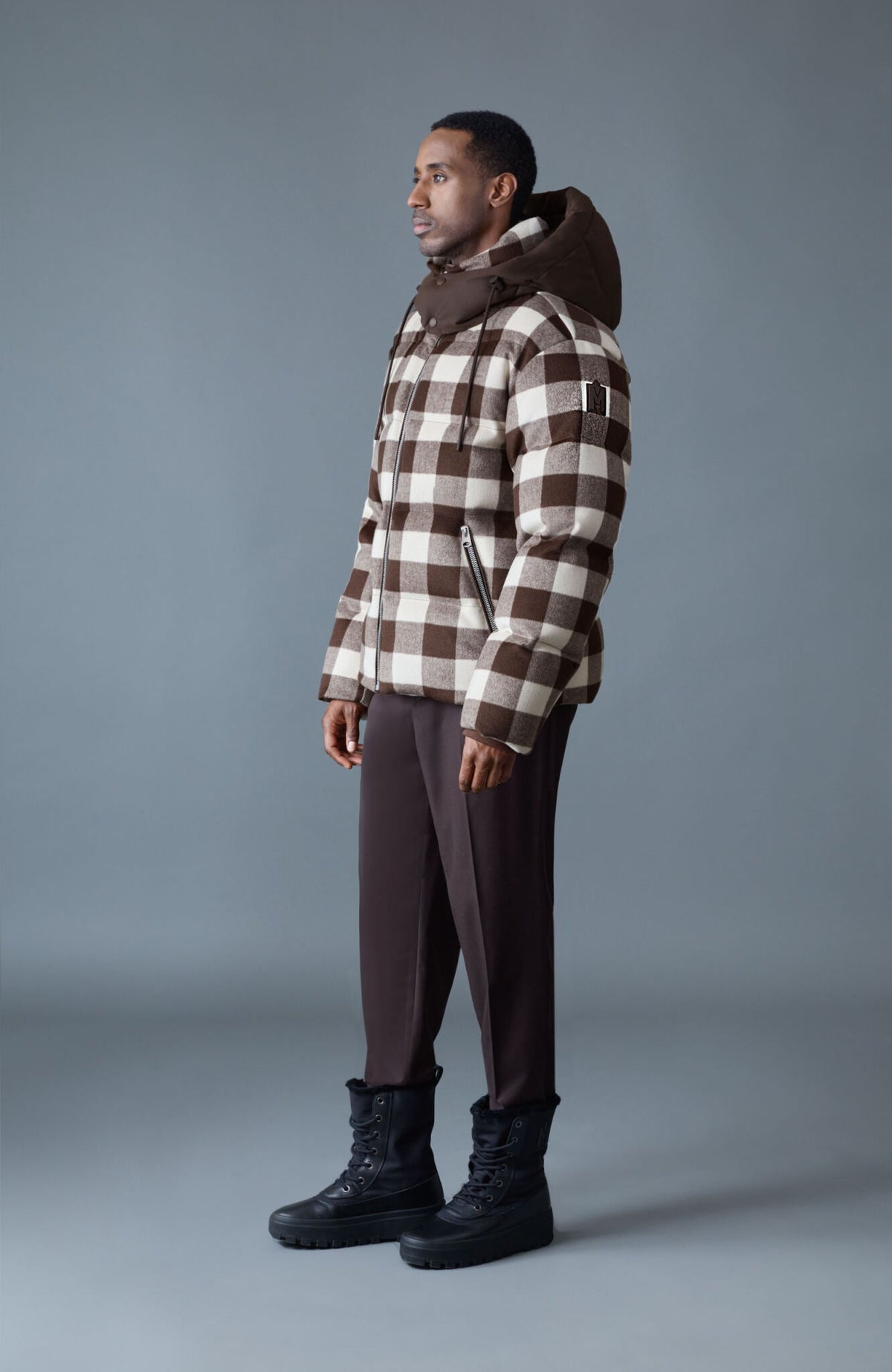 Coffee-Cream Plaid Men's Hooded Down Coat