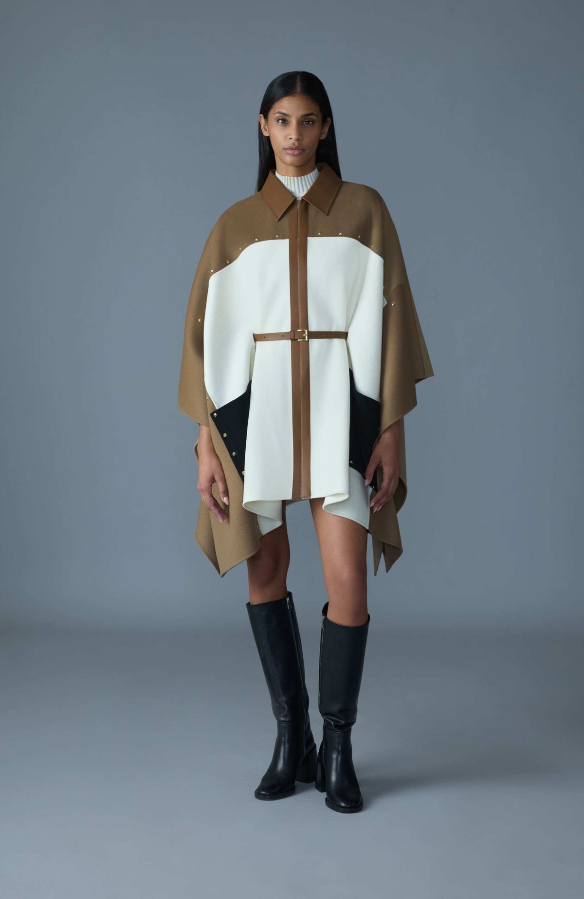 Light Camel Multi Ladies Belted Wool Cape