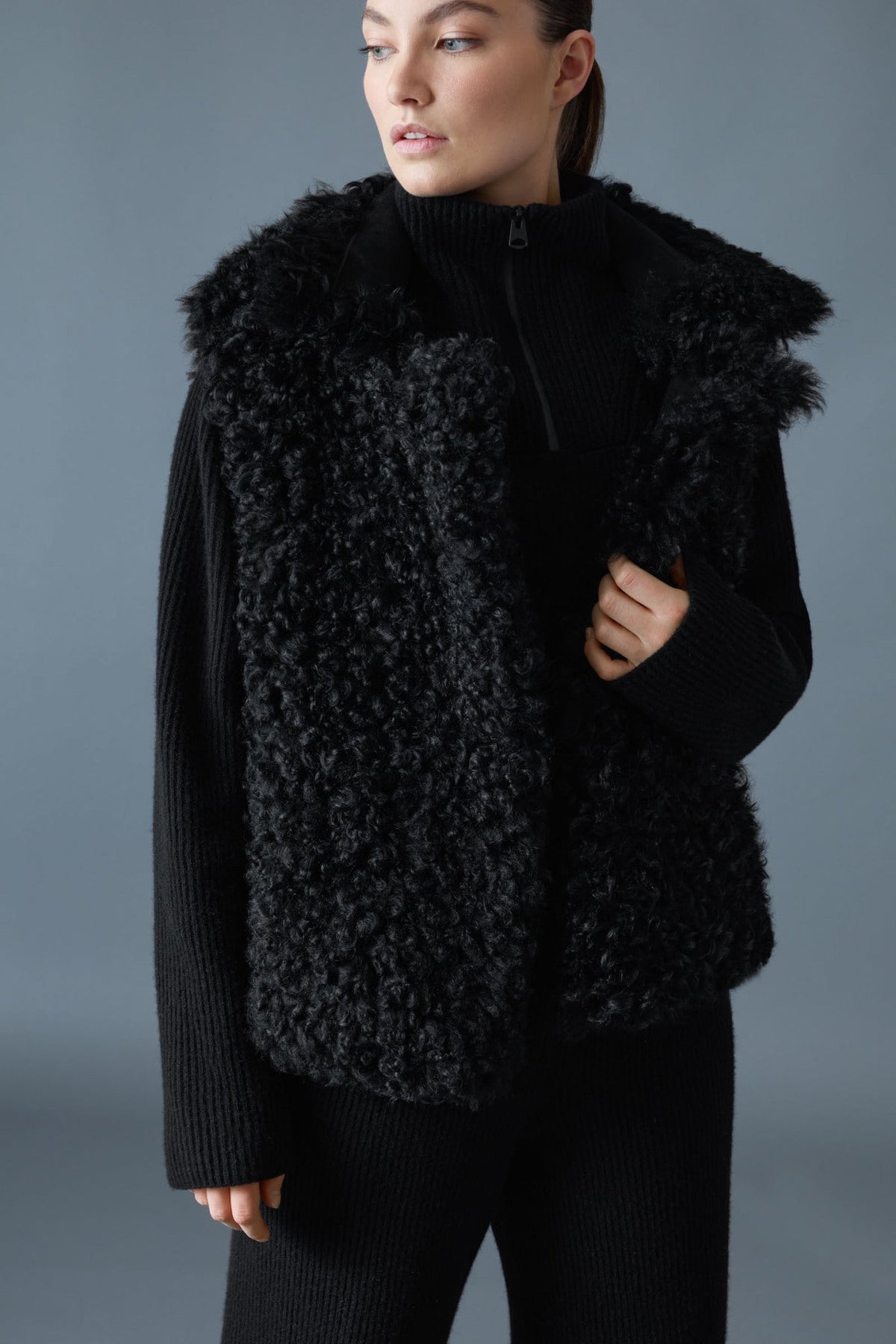 Black Ladies Shearling Vest