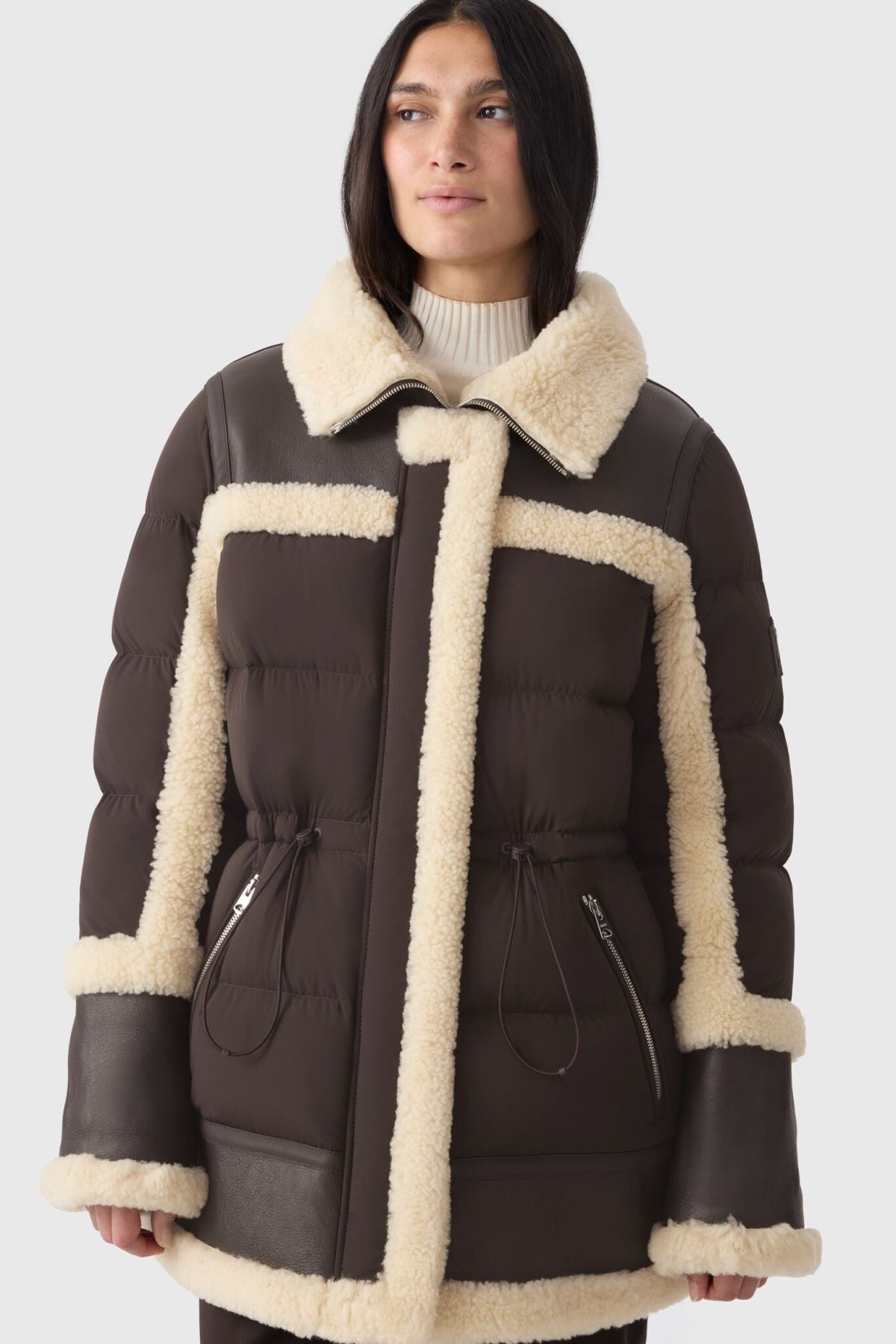 Coffee-Natural Ladies Hooded MIxed Media Jacket