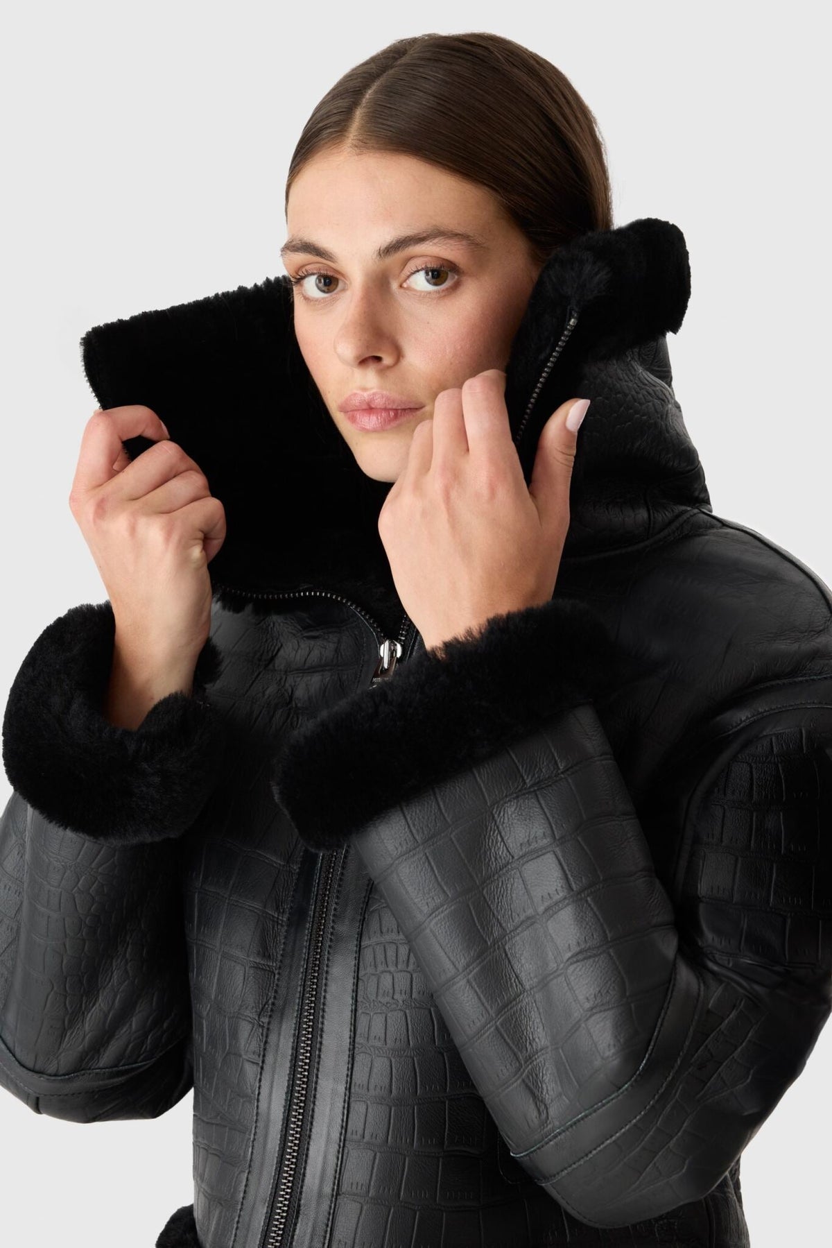 Black-Black Ladies Shearling Jacket