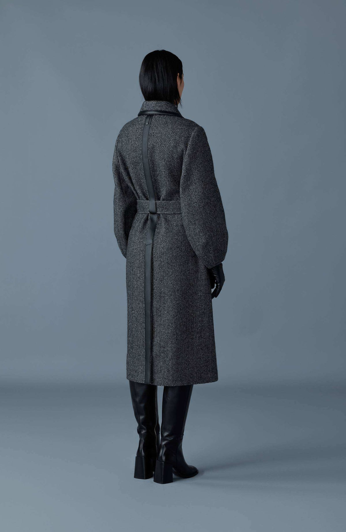 Black-White Ladies Belted  Wool Coat