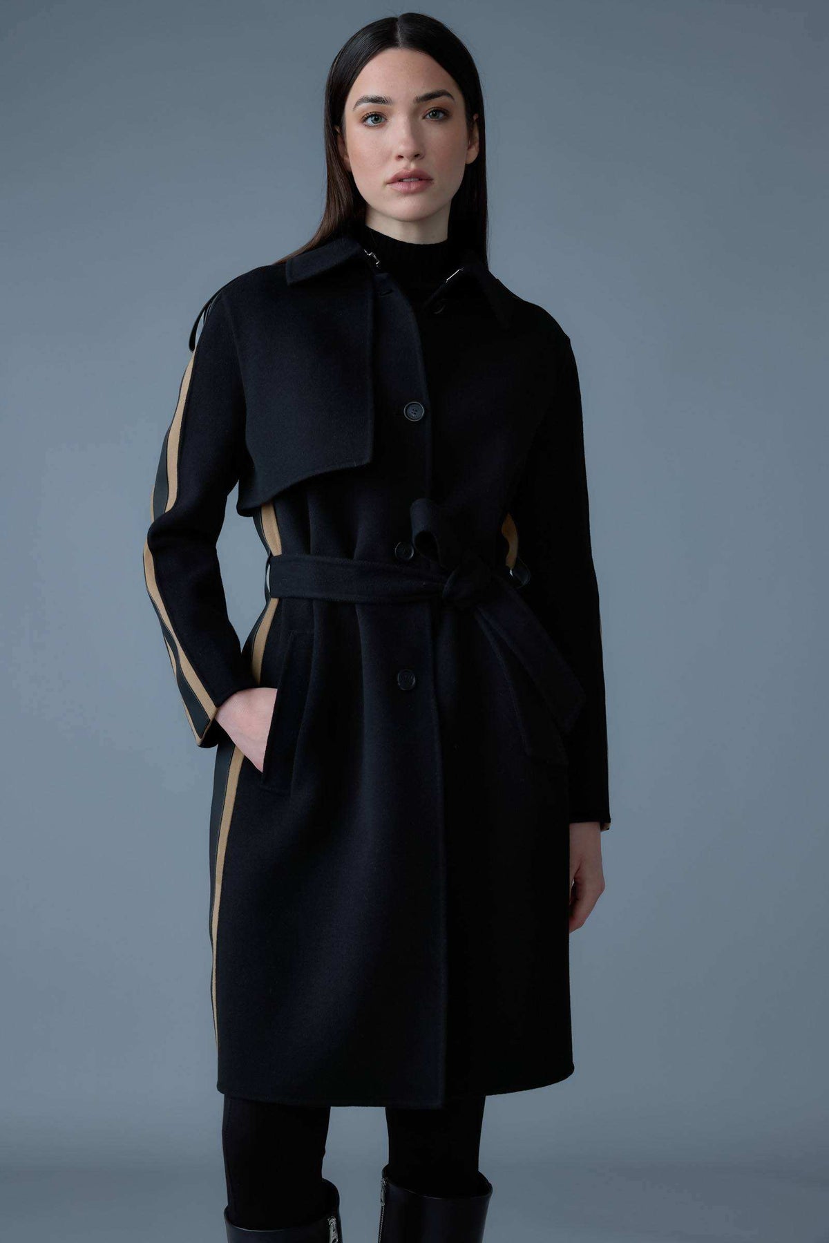 Black Ladies Belted Light Wool Coat