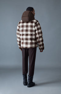Coffee-Cream Plaid Men's Hooded Down Coat