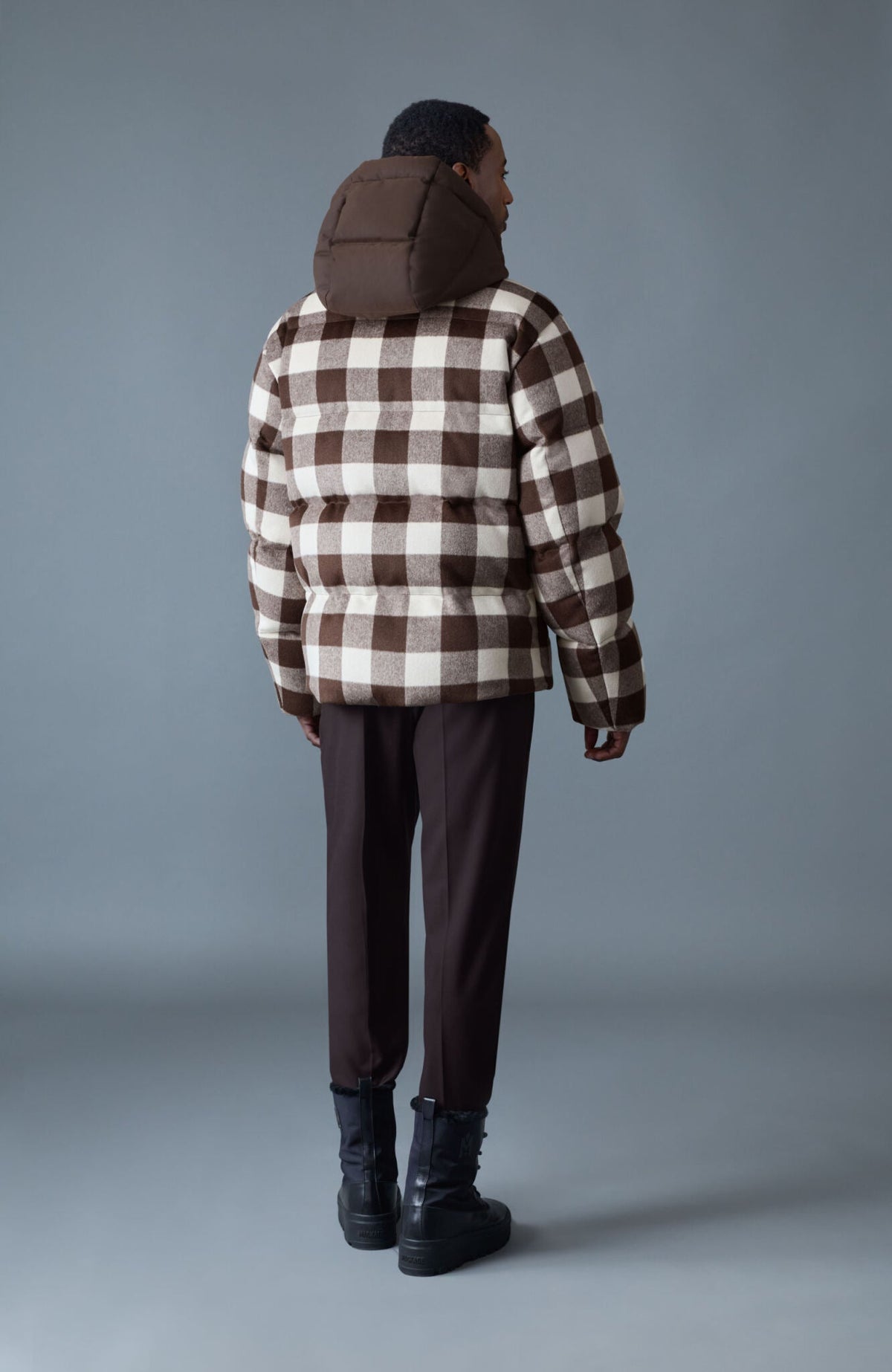 Coffee-Cream Plaid Men's Hooded Down Coat