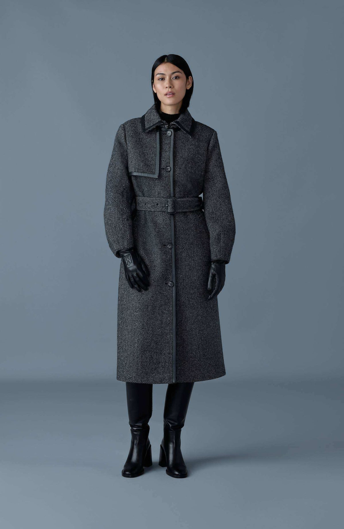 Black-White Ladies Belted  Wool Coat