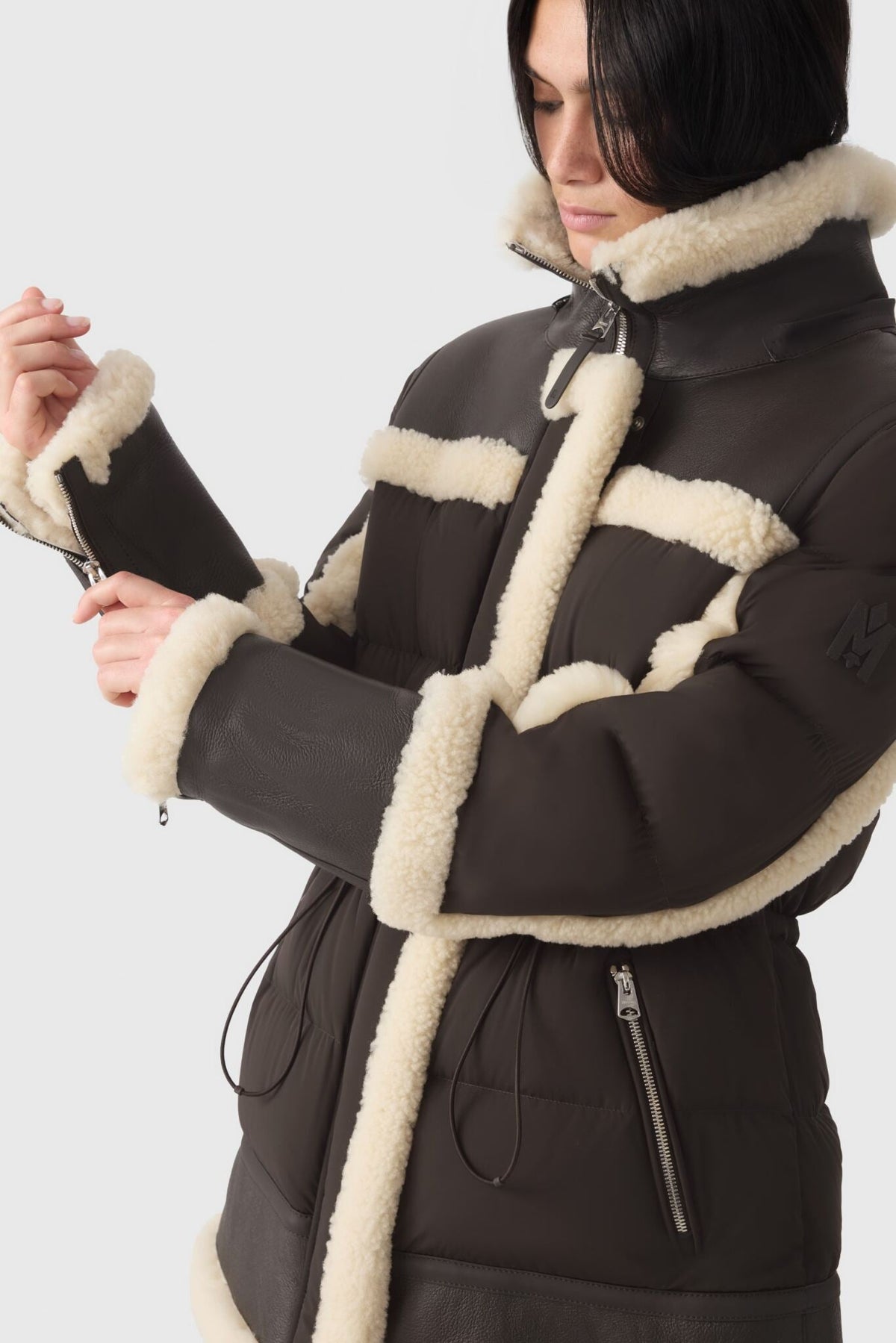 Coffee-Natural Ladies Hooded MIxed Media Jacket