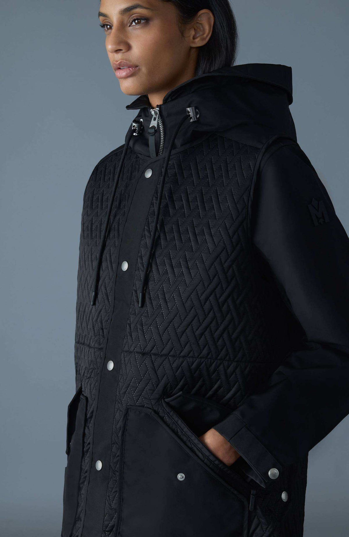 Black Ladies Polyfilled Quilted Hooded Coat