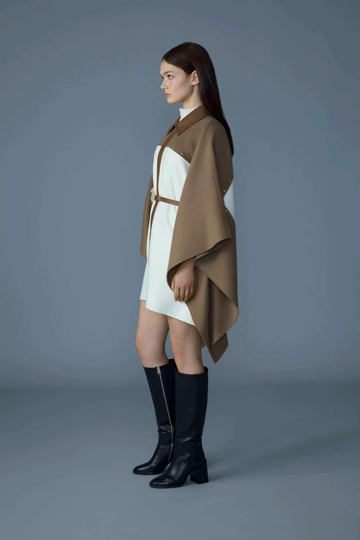 Light Camel Multi Ladies Belted Wool Cape