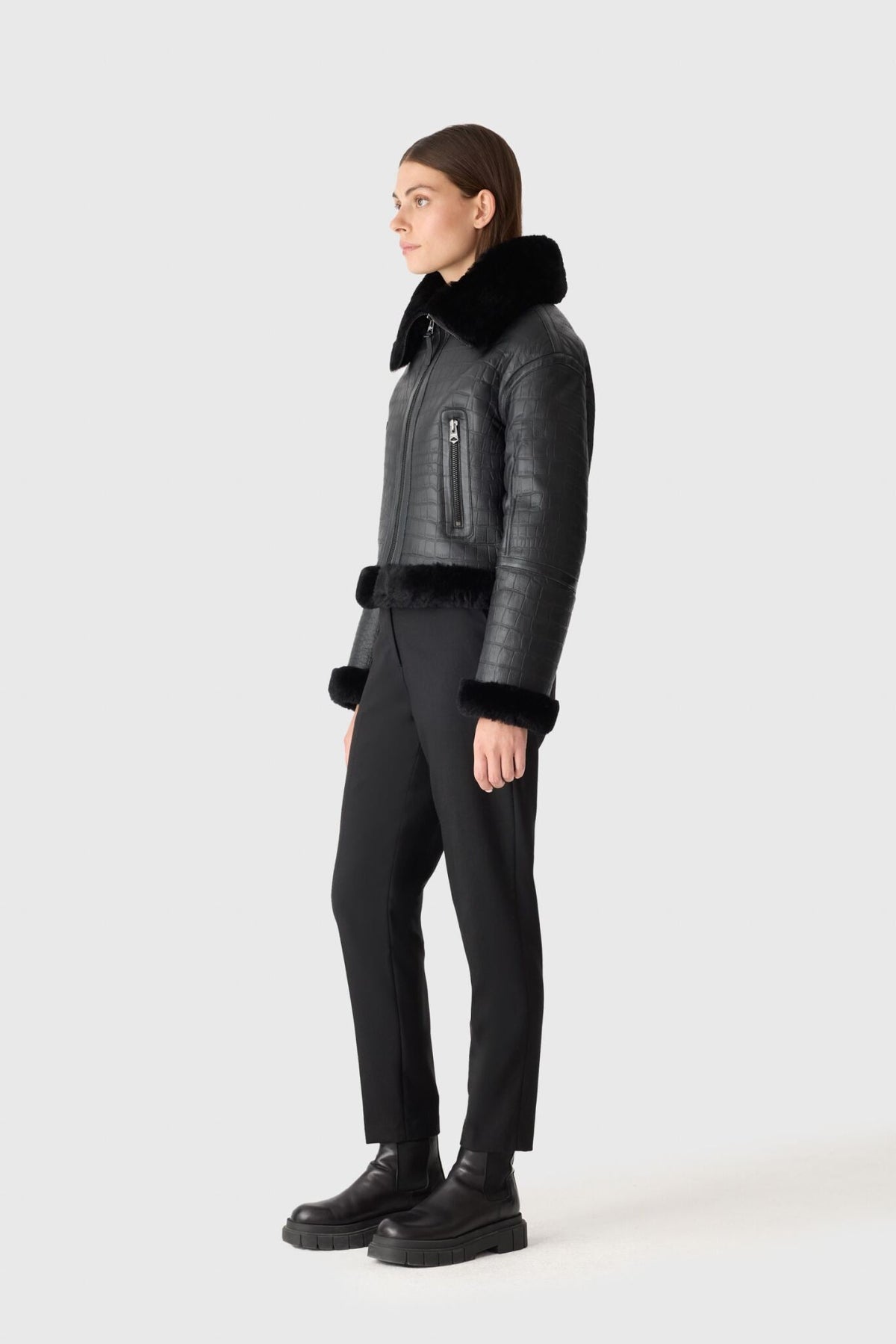 Black-Black Ladies Shearling Jacket