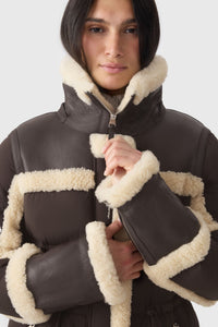 Coffee-Natural Ladies Hooded MIxed Media Jacket