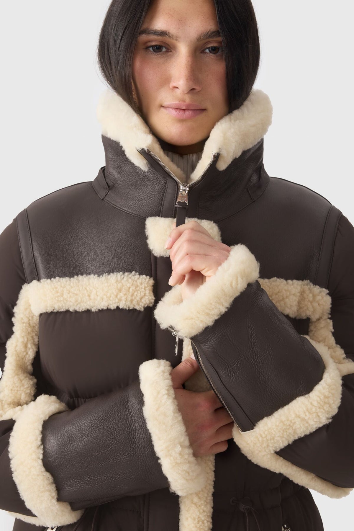 Coffee-Natural Ladies Hooded MIxed Media Jacket