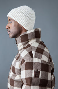 Coffee-Cream Plaid Men's Hooded Down Coat