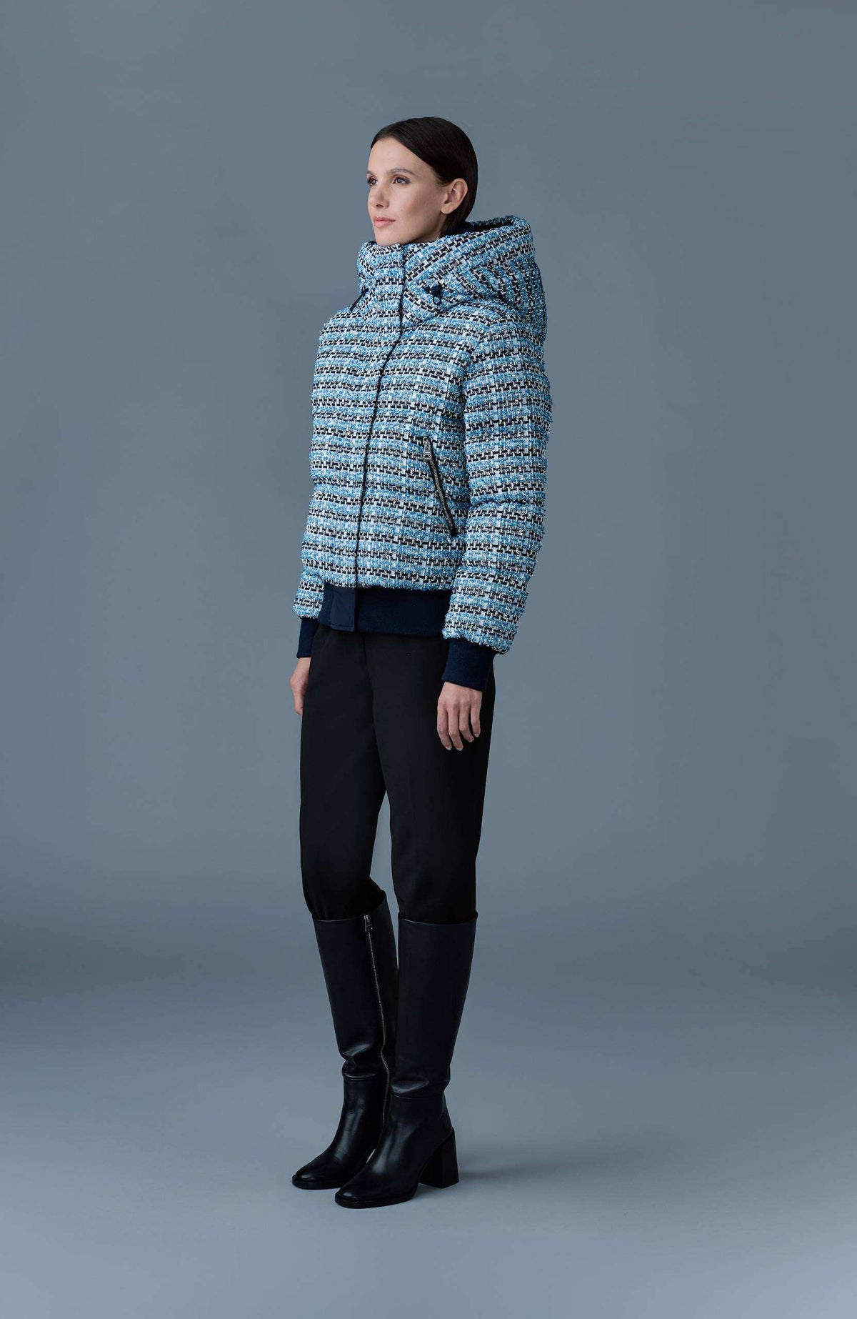 Sky Blue Multi Ladies Hooded Down Coat