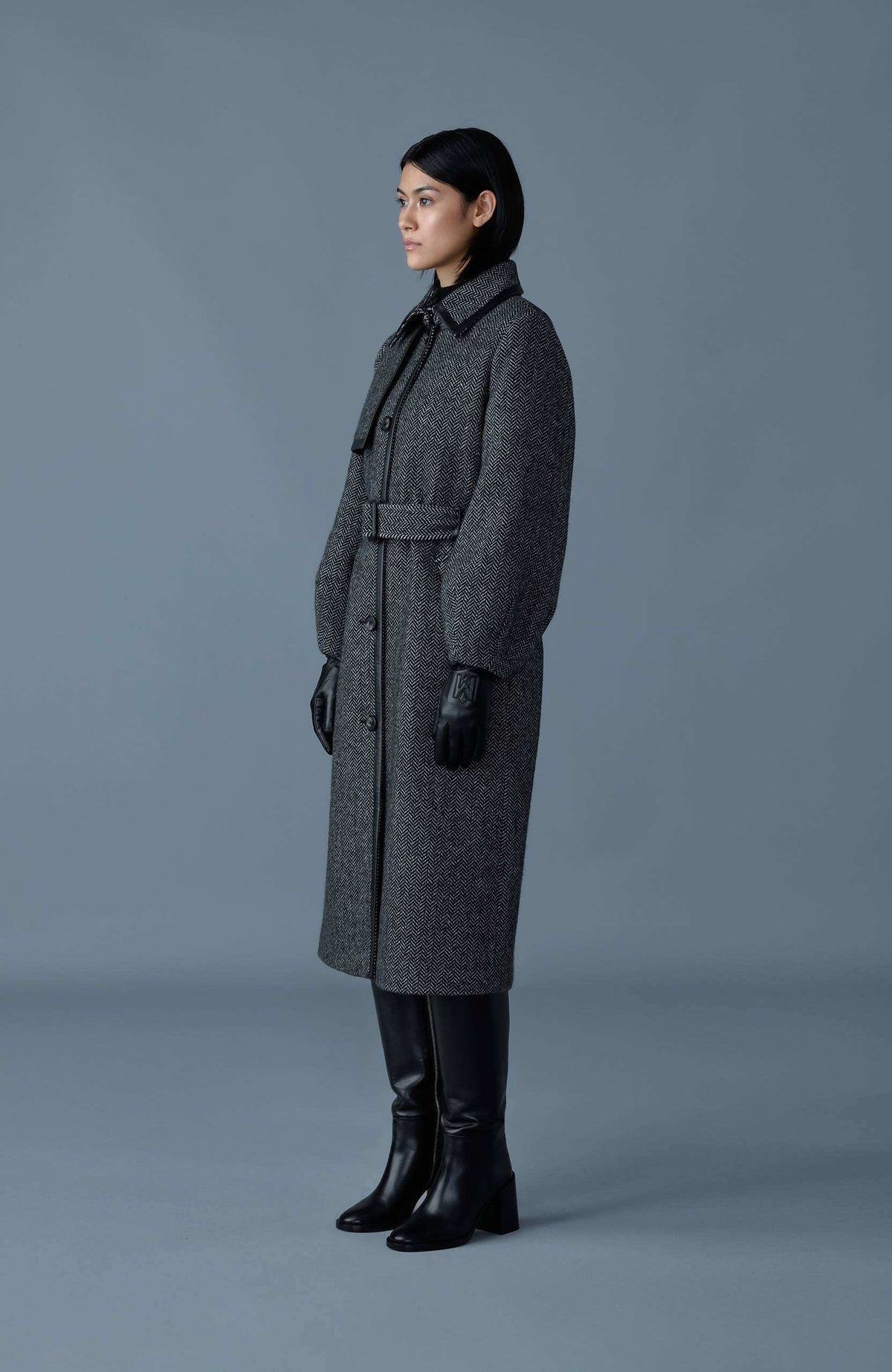Black-White Ladies Belted  Wool Coat