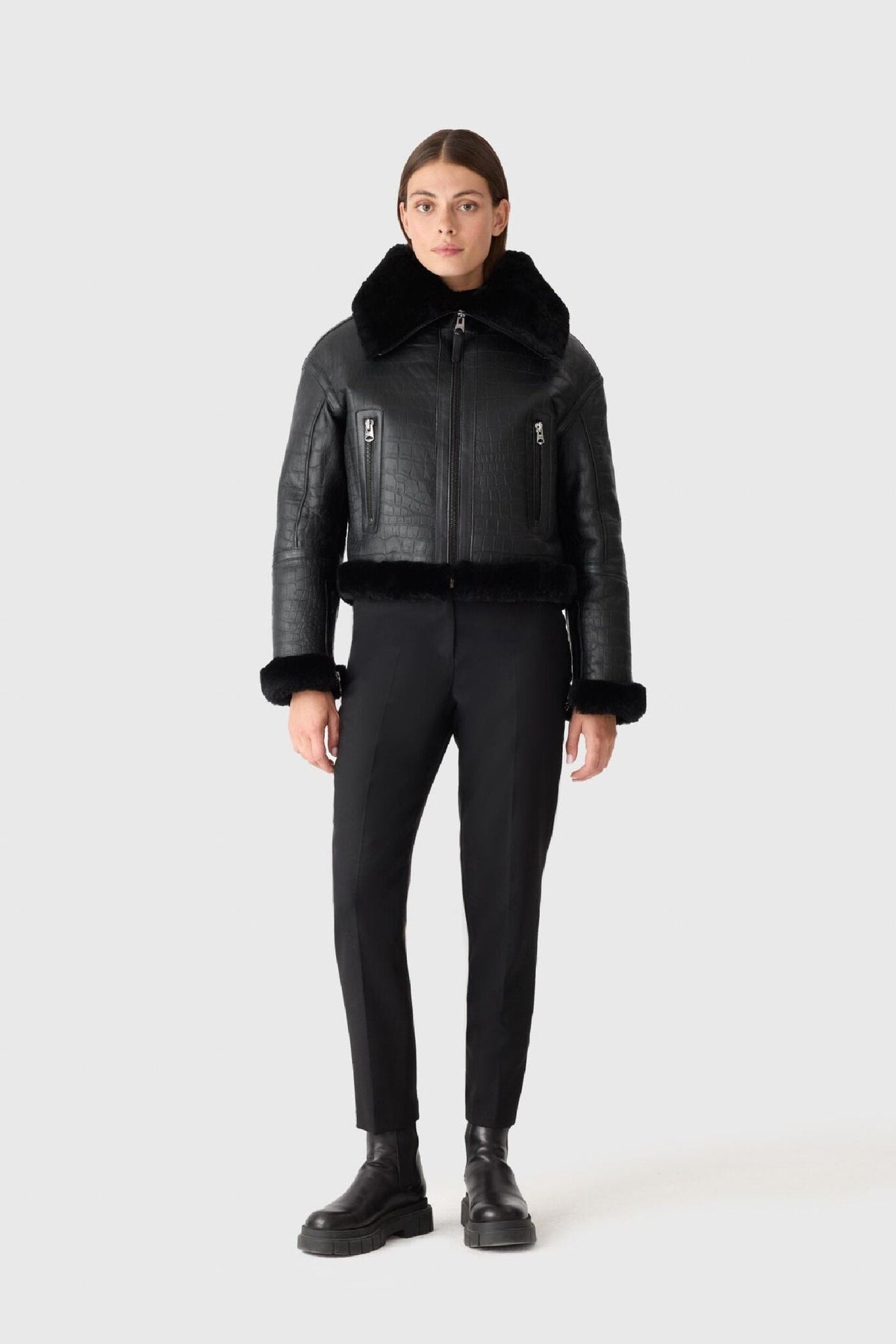 Black-Black Ladies Shearling Jacket