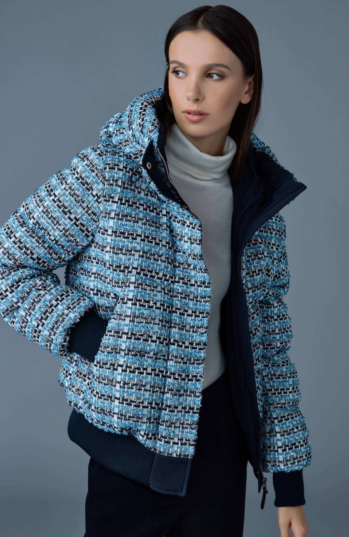 Sky Blue Multi Ladies Hooded Down Coat