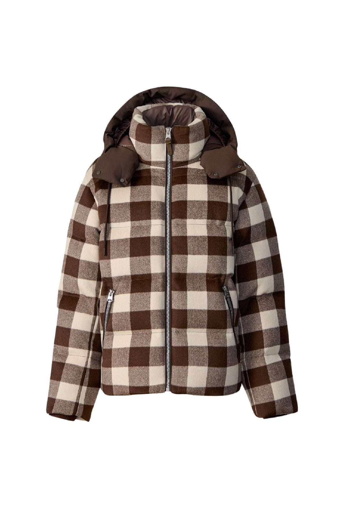 Coffee-Cream Plaid Men's Hooded Down Coat