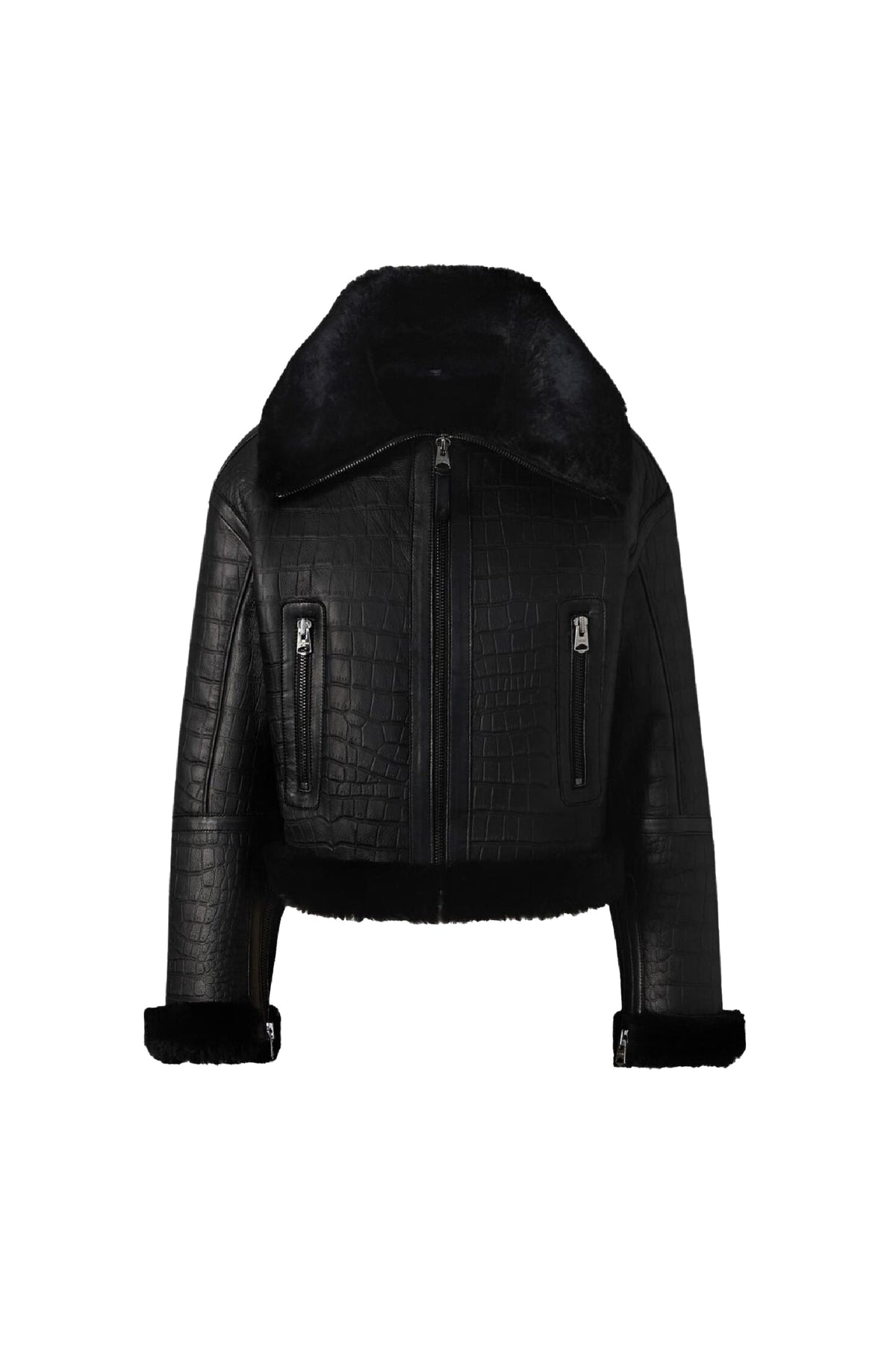 Black-Black Ladies Shearling Jacket